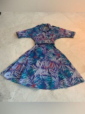 Vintage Cabrais Tropical Print Shirt Dress in Teal & Purple sz 10